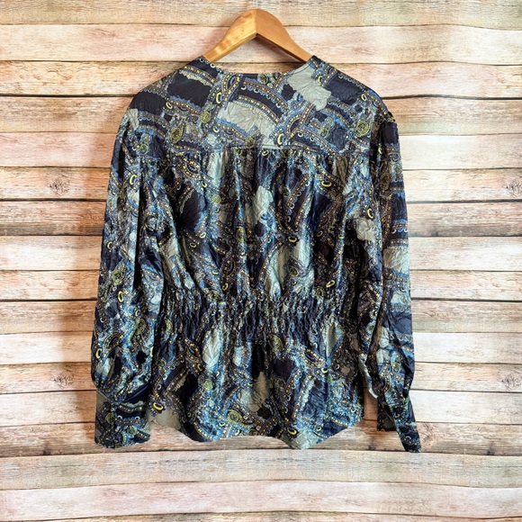 GANNI Women's Crinkled Satin Textured V Neck Smocked Paisley Top Size 38 - Picture 7 of 9